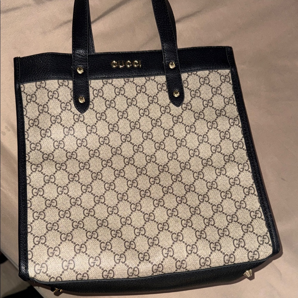 Beige GG Canvas Tote with Black Trim and Gold Hardware